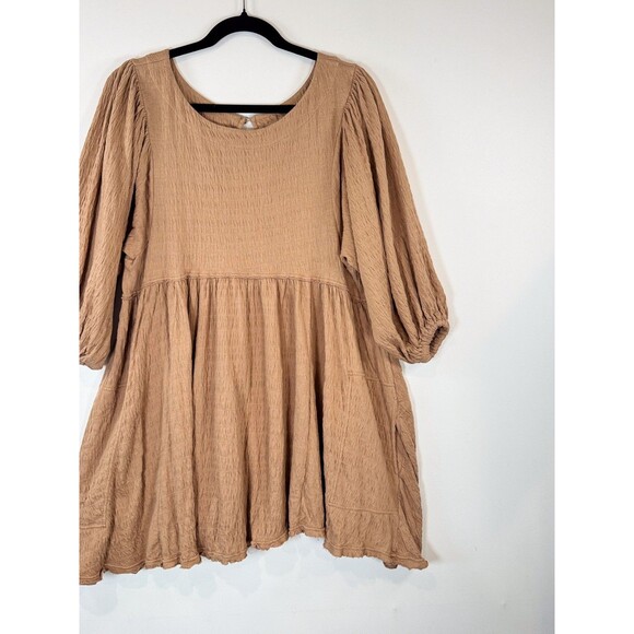 Free People Beach Dress Brown Get Obsessed Babydoll Mini Puff Sleeve A Line XS - Picture 6 of 11